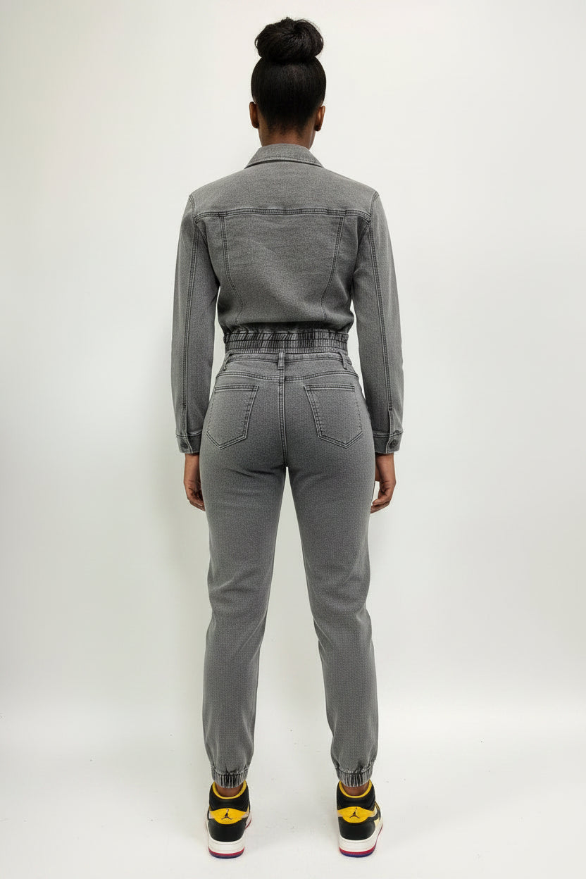 Women’s Spliced Denim Cargo Set – Zipper Jacket & Slim Pants Dark Gray L