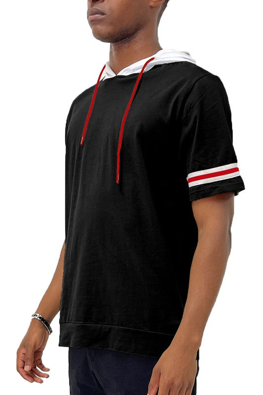 Men's Short Sleeve Hooded Shirt with Tape Detail Black M