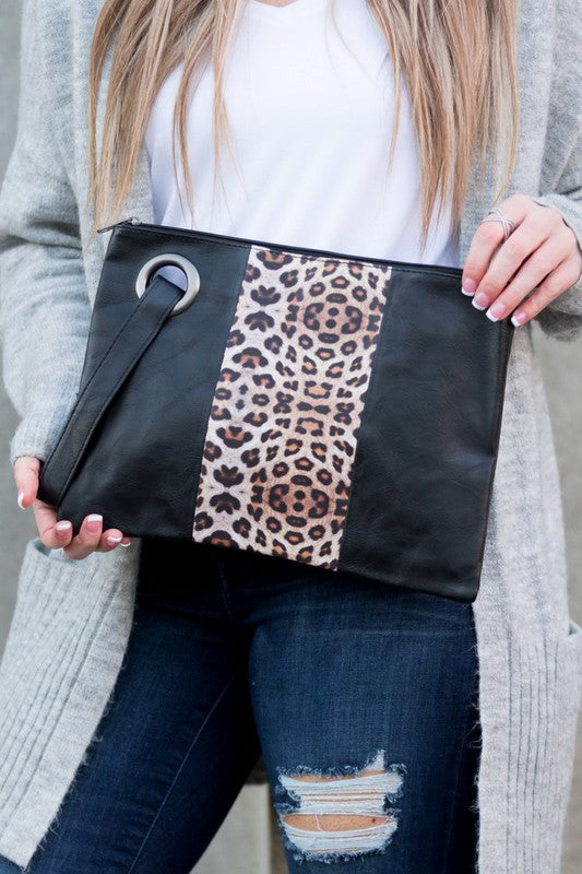 Leopard Color Block Clutch Bag Black Leopard OneSize