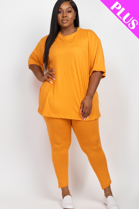 Plus Size Oversized Shirt & Leggings Set – Stretch Jersey Lounge Set Tomato Cream