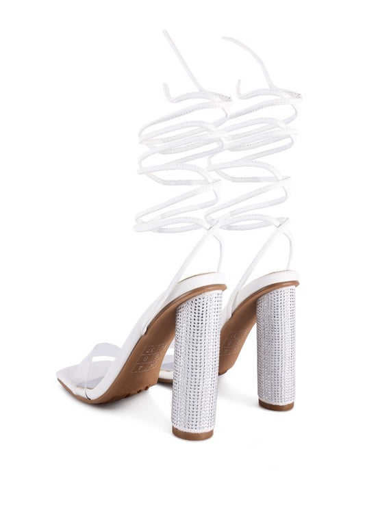 Scansta Lace-Up Diamante High Heel Sandal | Crystal Stud Block Heel Dress Shoe