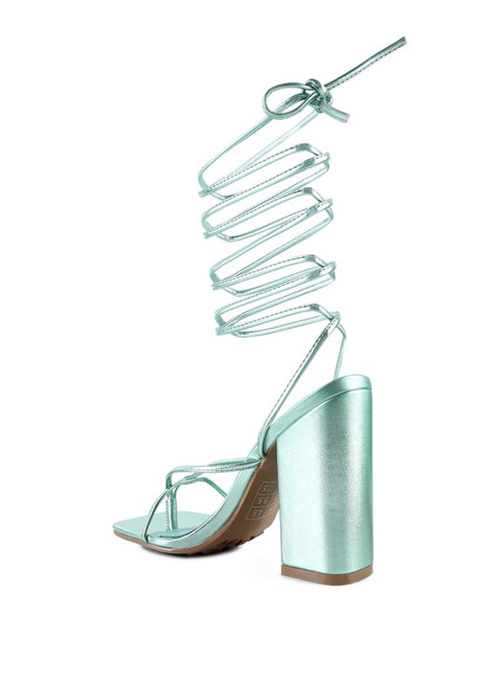 SheWolf Lace-Up High Heel Block Sandals Mint 8