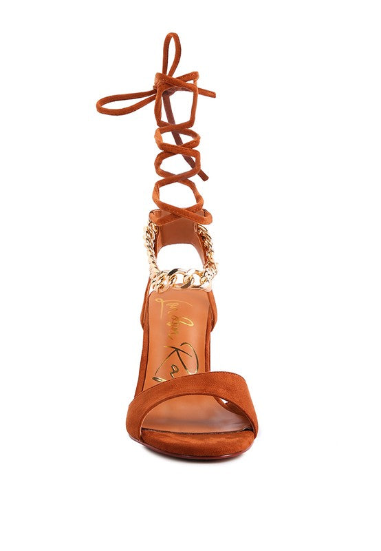 Rag & Co. Gone Gurl Metal Chain Lace Up Block Heel Sandals Mocha 8.5