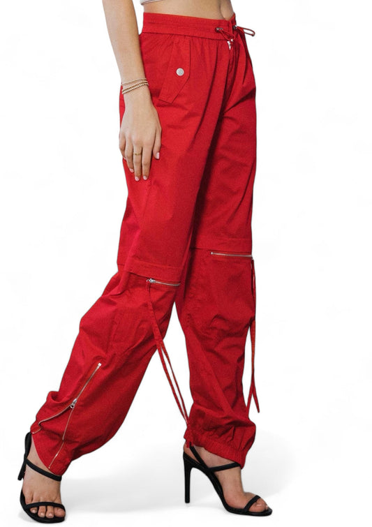 Women's Baggy Cargo Pants – Elastic Waist, Drawstring & Zip Pockets Red