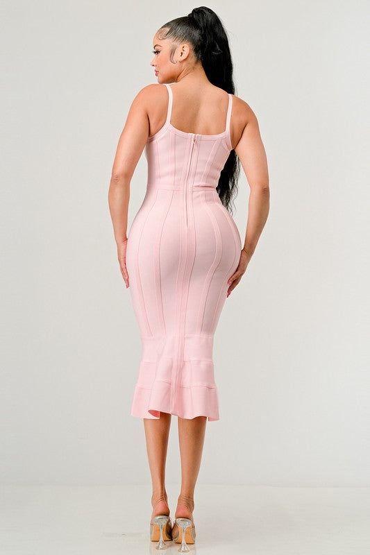 V-Neck Spaghetti Strap Mermaid Bodycon Midi Dress - Bandage Seam Detail