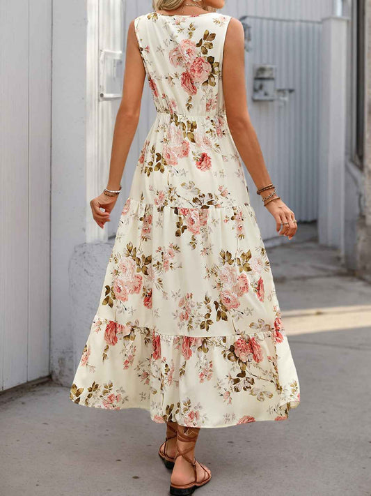 The Printed Ruffled Hem V-Neck Dress – Sleeveless, Cream, Sizes S–XL