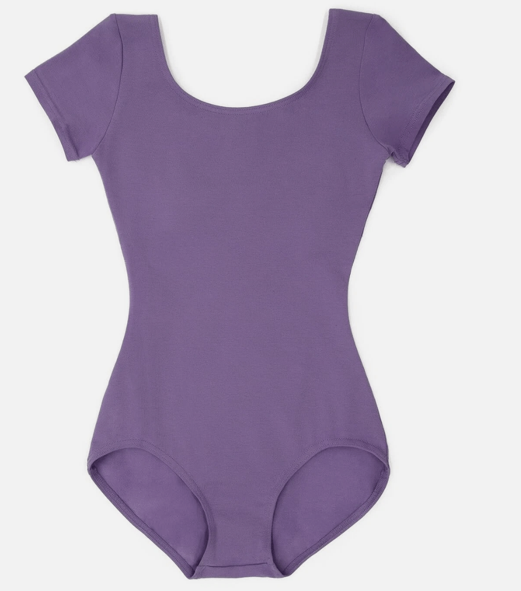Purple leotard with short sleeves on a white background