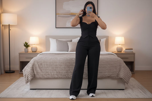 Chic women's Cerulean Corset & Wide-Leg Trouser Set