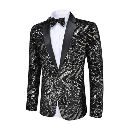Men's Sequin Stripe Tuxedo Jacket with Bow Tie | 1-Button Notched Lapel Blazer