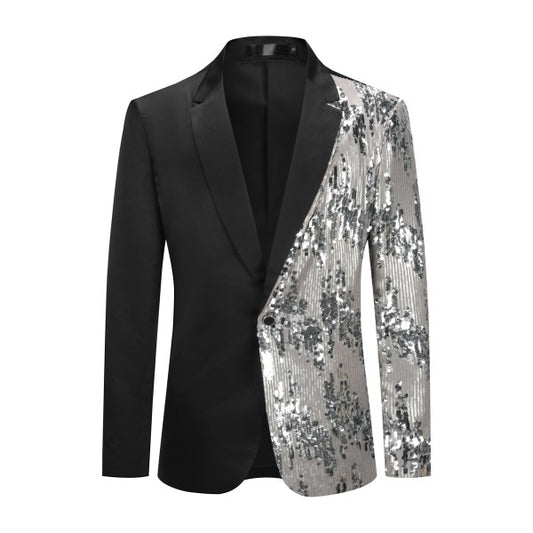 Men's Silver Sequin Patchwork Tuxedo Jacket | 1-Button Notched Lapel Shimmer Blazer