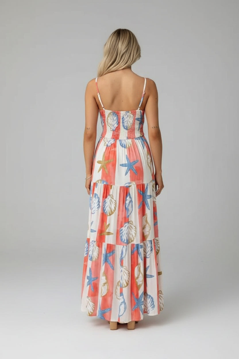 Seaside Smocked Tiered Maxi Dress – Sweetheart Neckline, Bow Tie Front, Spaghetti Strap Summer Sundress with High Slit