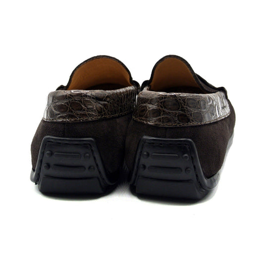 Zelli Italia Monza Men's Driver Loafer – Sueded Calfskin & Crocodile Trim, Nicotine Nicotine Medium