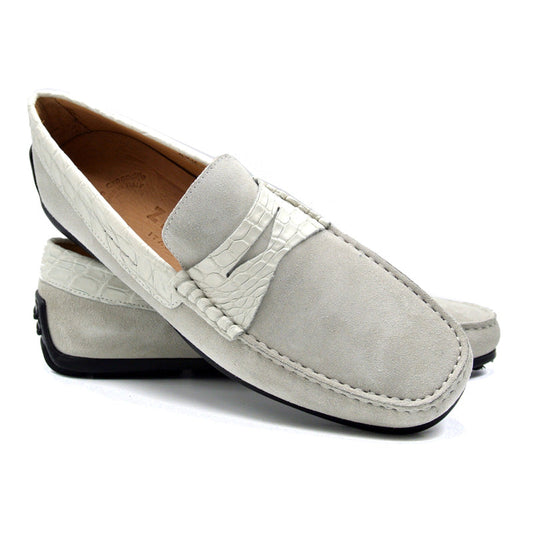 Monza White Sueded Italian Calfskin & Crocodile Drivers | Handmade in Italy