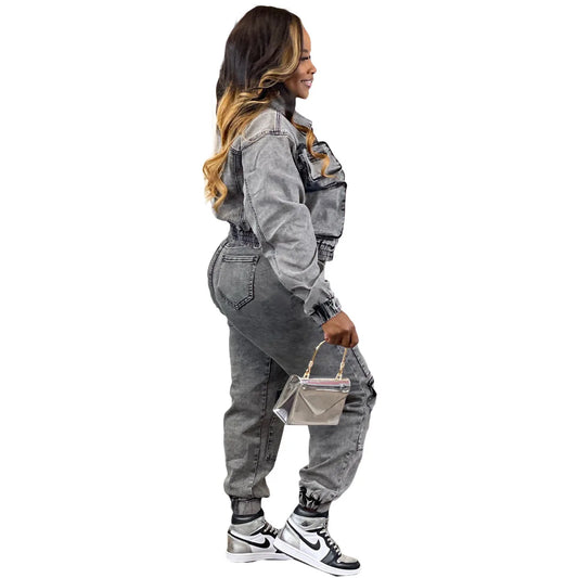 Women’s Spliced Denim Cargo Set – Zipper Jacket & Slim Pants