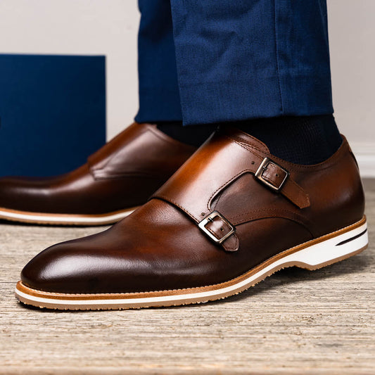 Zelli Italia Legerra Men's Double Monk Strap – Hand Burnished Italian Calfskin, Brown Brown 8 M