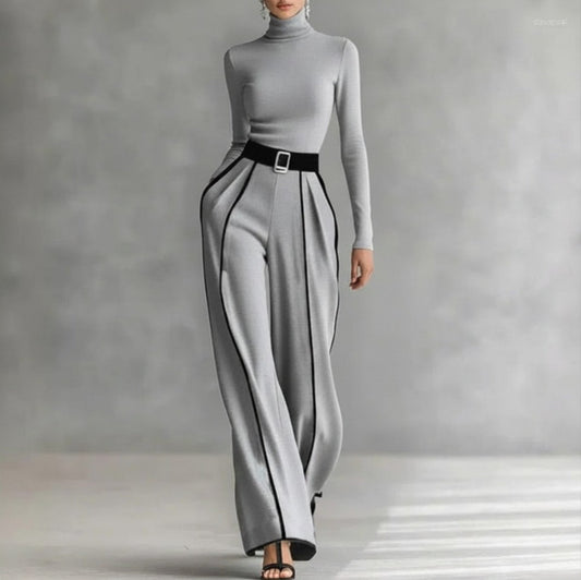 Elegant Stand Collar Contrast Binding Knit Set – Two-Piece Wide-Leg Trouser Suit Grey
