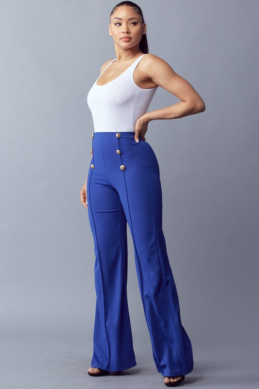 The Button Down Wide Leg Flare Pants – High Waist, 6-Button Trim, 14 Colors, S–L Royal Blue