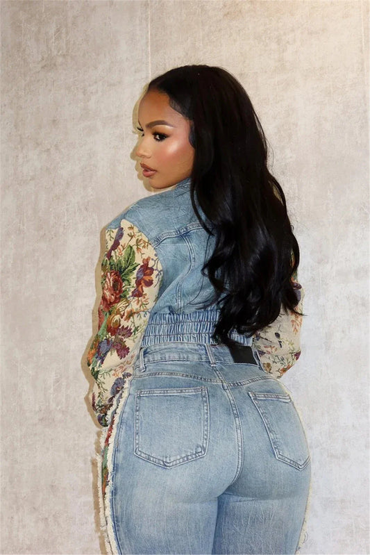 Women's Printed Splicing Long Sleeve Denim Jacket and Jean Pants Set
