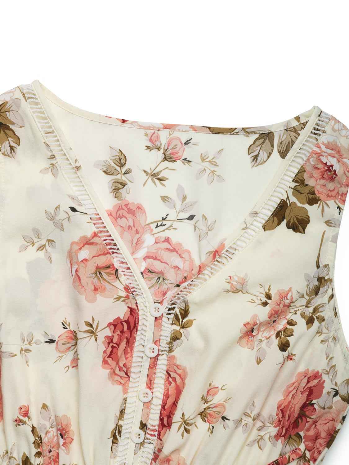 The Printed Ruffled Hem V-Neck Dress – Sleeveless, Cream, Sizes S–XL