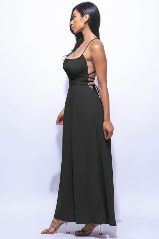 Black Side Slit Maxi Dress | Strappy Tie Back & Flare Silhouette