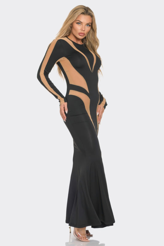 The Mesh Cut-Out Metallic Maxi Dress – Long Sleeve Sheer Panel Flared Gown