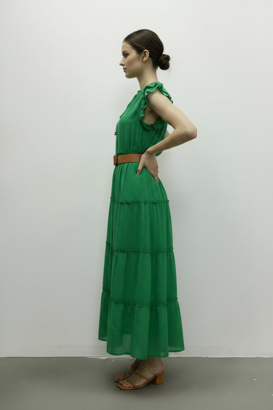 The Mlle Gabrielle – Ruffled Cap Sleeve Tassel Dress with Ruffle Hem M Green