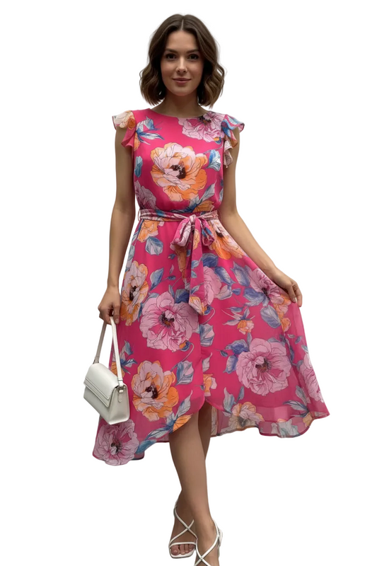 Shelby & Palmer Floral Ruffled Sleeve Midi Dress | Fuchsia