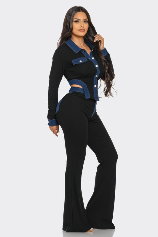 Two-Piece Denim Contrast Ribbed Set with Side Cut-Outs - Made in USA