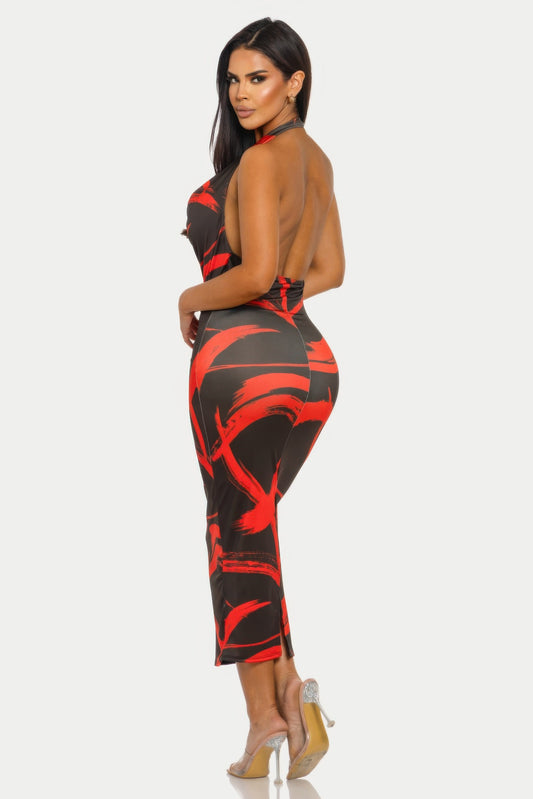 Fierce Stroke Brushstroke Halter Midi Dress | Cowl Neck & Open Back