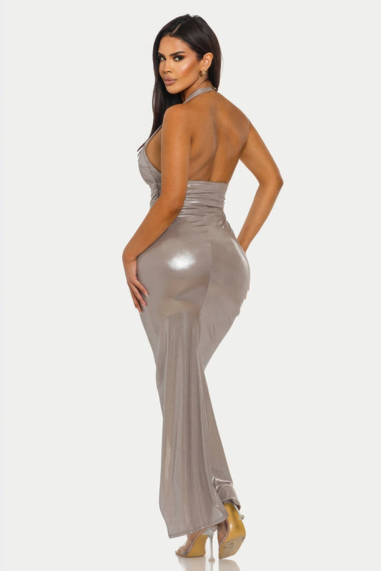 Lustrous Knot Midi Dress - High-Neck Glossy Sleeveless Dress