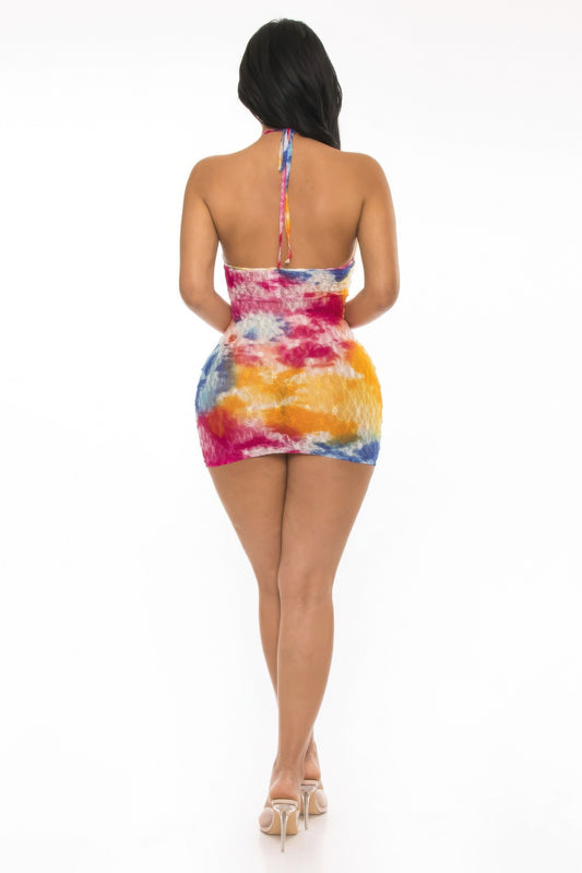 Multi-Color Tie-Dye Lace Mini Beach Cover-Up Dress