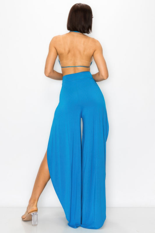 Cerulean Blue Halter Crop Top & High-Slit Wide Leg Pant Two-Piece Set