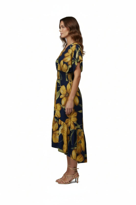 The Mlle Gabrielle – Floral V-Neck High-Low Midi Dress L Floral