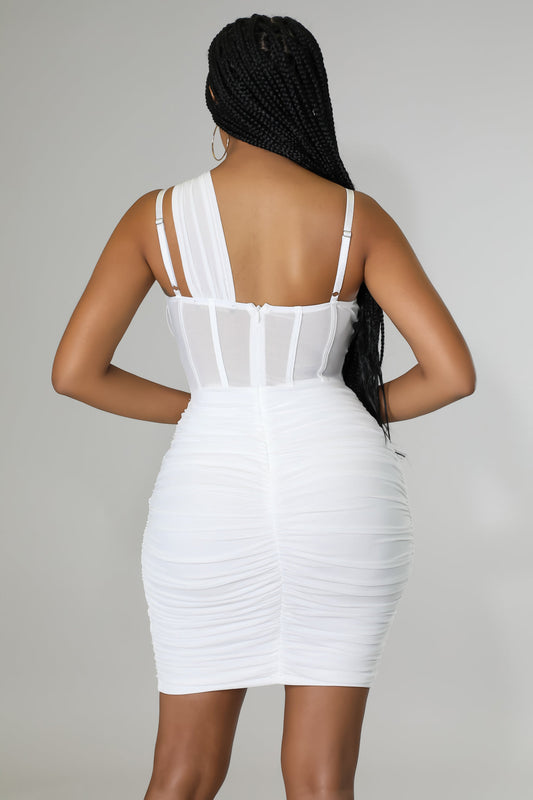 Flirtatious Honey One Shoulder Stretch Mini Dress