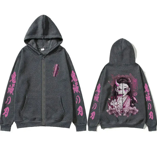 Kamado Nezuko Merch Zipper Hoodie Demon Slayer Oversized Dark gray