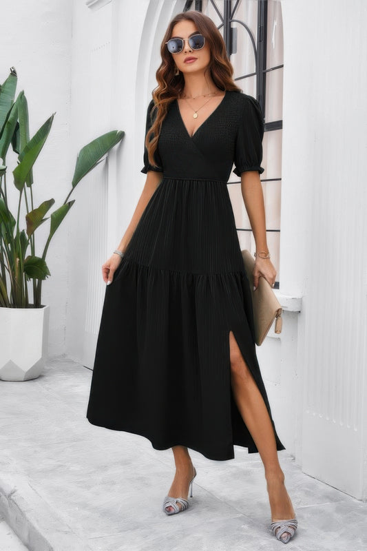 The Ruched Puff Sleeve Midi Dress – V-Neck High Waist in Black & Green