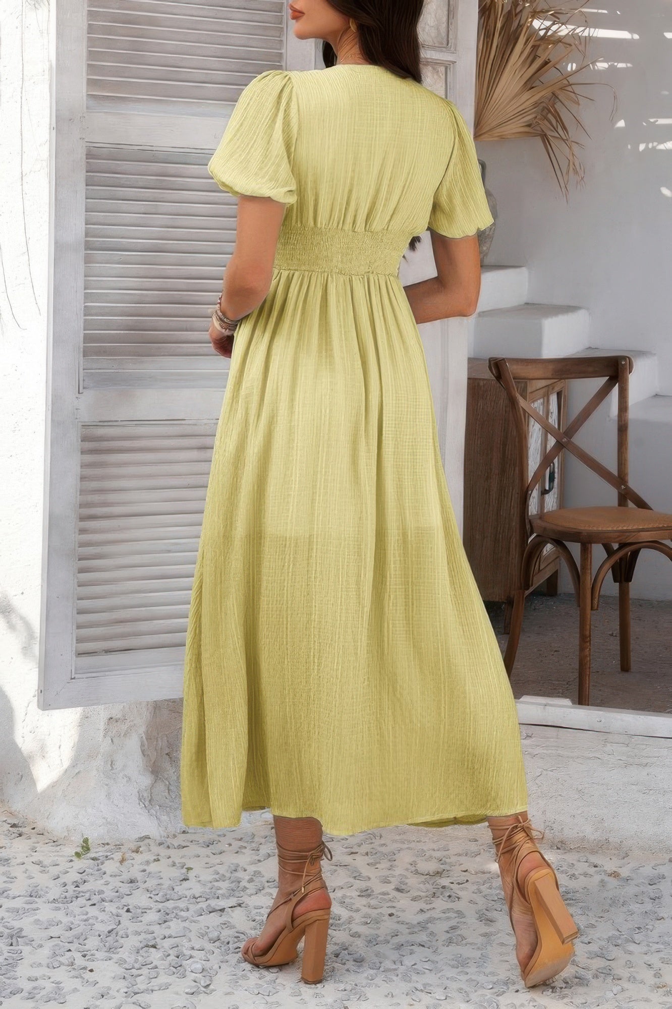 The Knot Waist Puff Sleeve Dress – V-Neck Solid in Black, Blue & Yellow