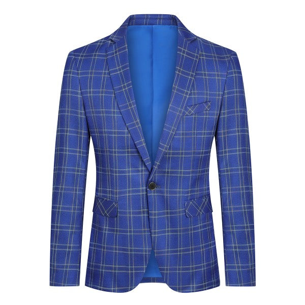 Men's Plaid Tartan 1-Button Blazer | Slim Fit Notched Lapel Tweed Jacket – Red & Blue Blue