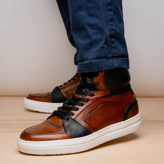 Zelli Italia Bravo Men's High Top Dress Sneaker – Italian Burnished Calfskin, Cognac / Black Cognac Black 8.5 M
