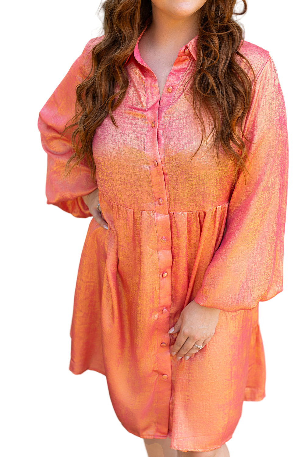 Peach Blossom Metallic Balloon Sleeve Plus Size Mini Dress