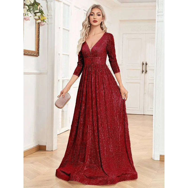 Champagne Sequined High Waist Party Formal Dress Wine Red