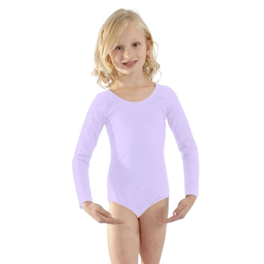 Young girl wearing a purple long-sleeve leotard on a white background