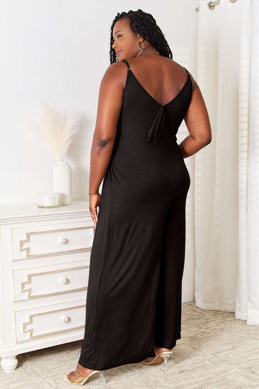 Double Take Plus-Size Soft Rayon Spaghetti Strap Tied Wide Leg Jumpsuit