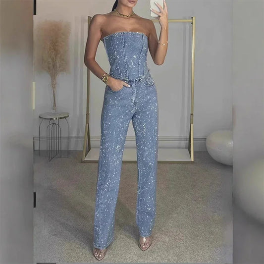 Women's Rhinestones Denim Vest and Jeans Pants Set Women Sexy Slim Sleeveless Strapless Empire Waist Zipper Pocket