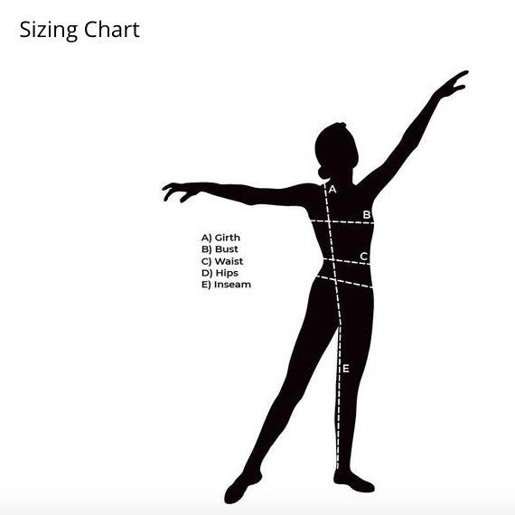 Sizing chart for body measurements on a black silhouette of a person.