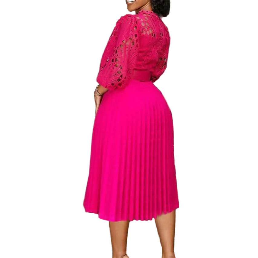 Pleated Sheath Knee Length Dress | Belted Crew Neck with Hollow Sleeve Detail Hot Pink