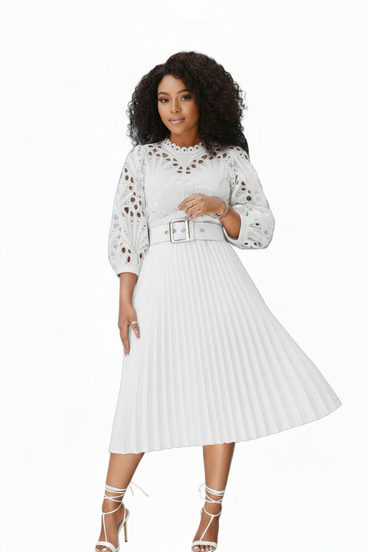 Pleated Sheath Knee Length Dress | Belted Crew Neck with Hollow Sleeve Detail White
