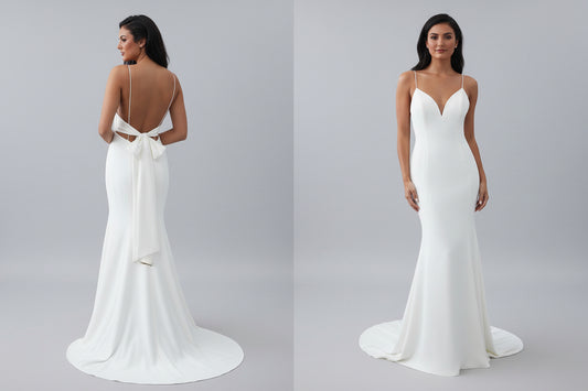 Woman wearing a white dress with a bow detail