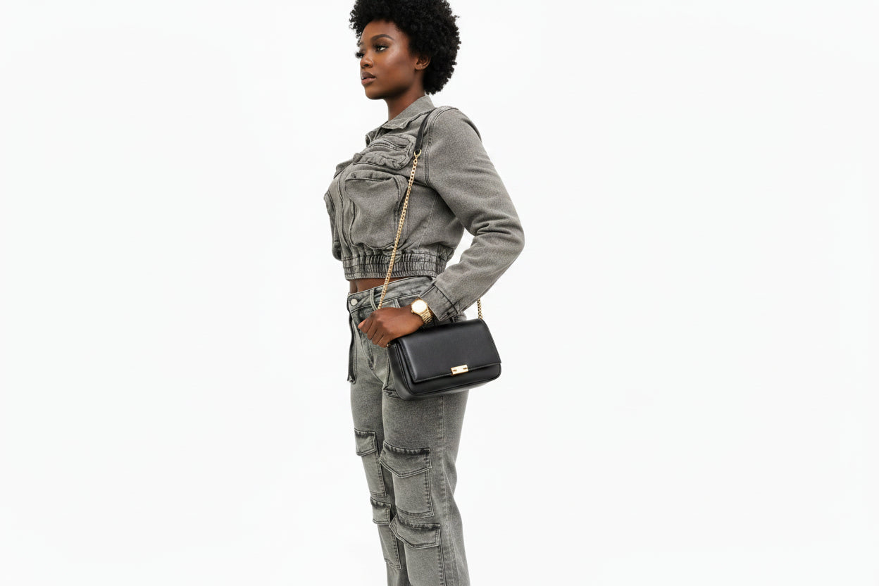 Women’s Spliced Denim Cargo Set – Zipper Jacket & Slim Pants Dark Gray