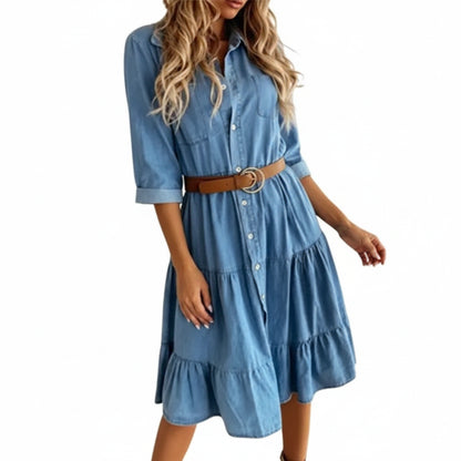 Belted Denim Midi Dress | Three-Quarter Sleeve Ruffle & Button Detail